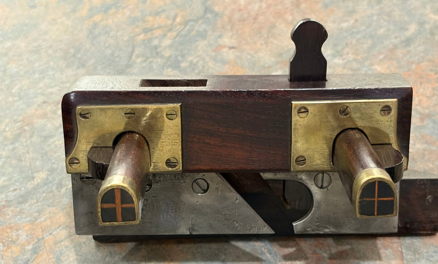 ANTIQUE SOLID ROSEWOOD COACHMAKERS WEDGE ARM PLOW PLANE, BRASS INSERTS