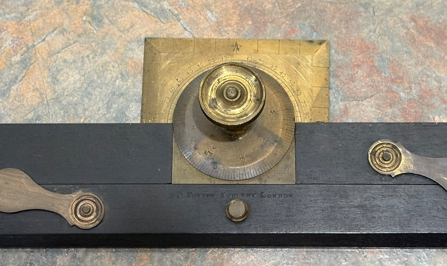 ANTIQUE EBONY & BRASS PARALLEL RULE, S.C. POTTER, POULTRY, LONDON, IVORY INSERT