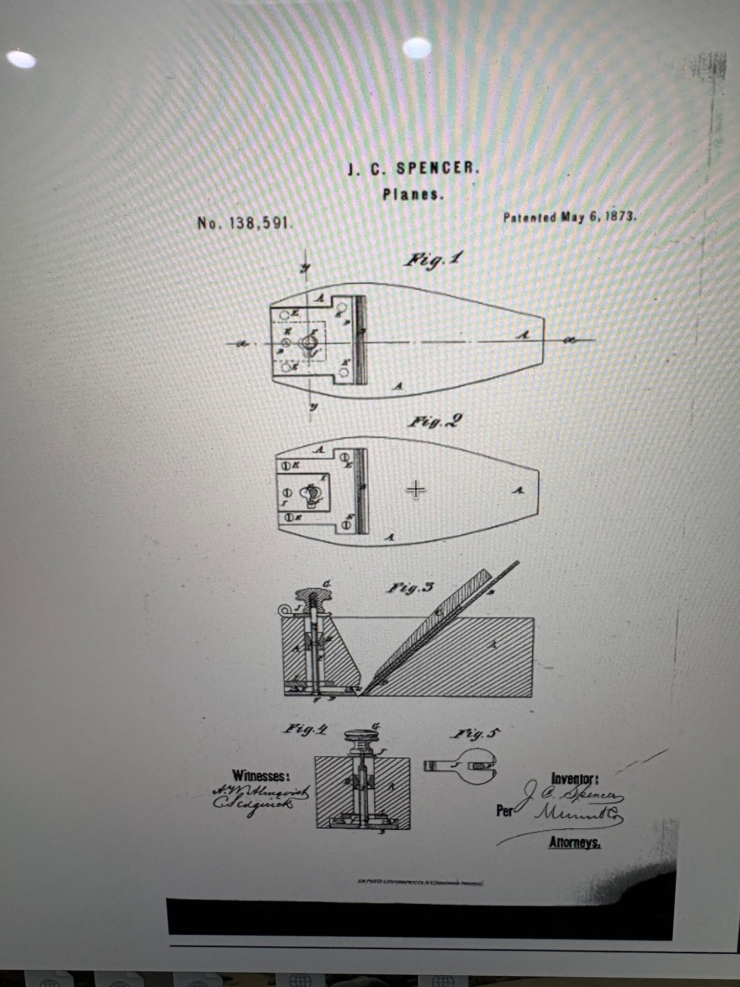ANTIQUE C.J. SPENCER PATENTED JOINTER PLANE, PAT. MAY 6, 1873, THROAT INSERT