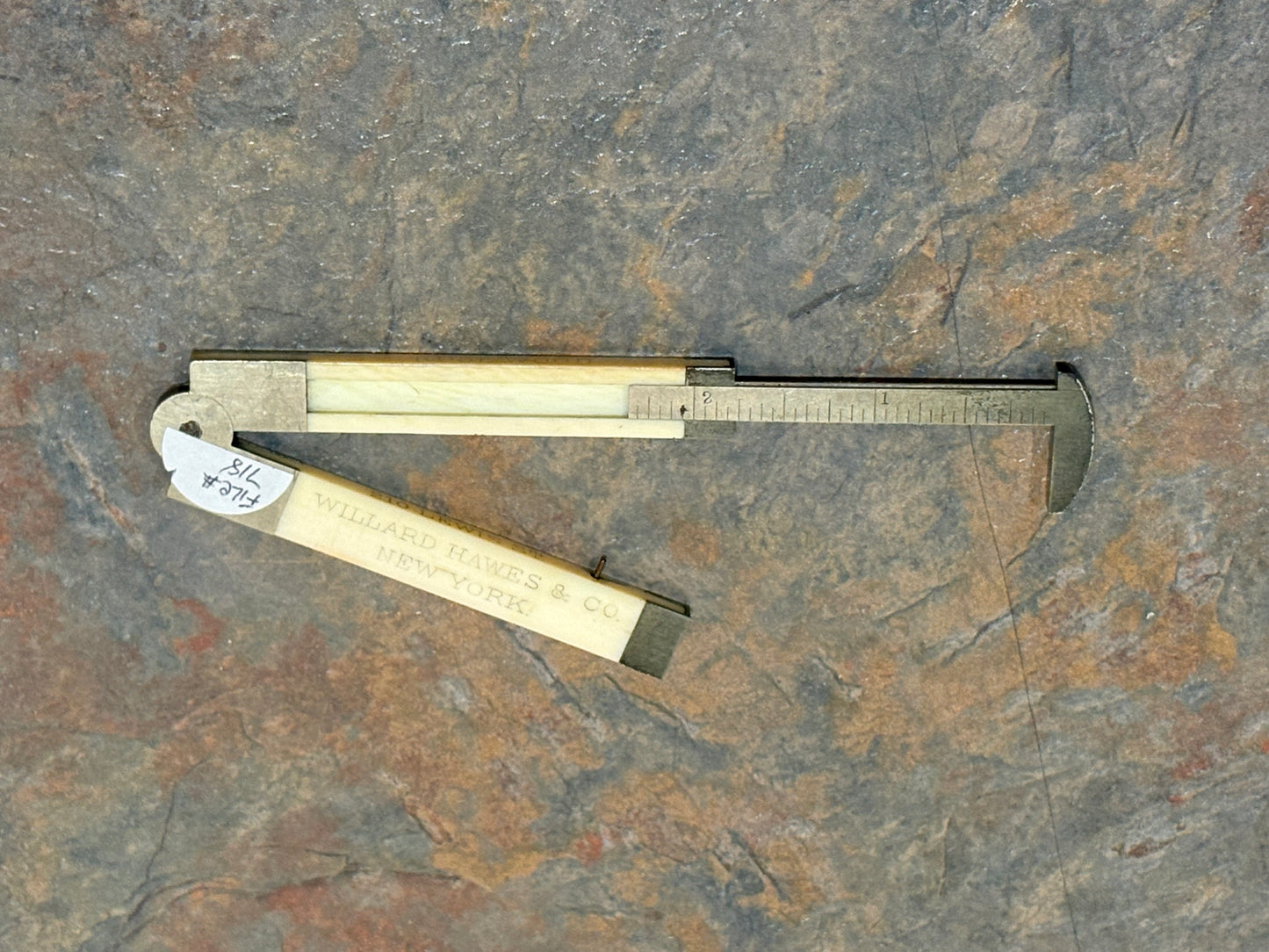 WILLARD HAWES & CO, NEW YORK, IVORY 6" 2 FOLD RULE,MARKED CEDAR, ROSEWOOD, MAHOGANY