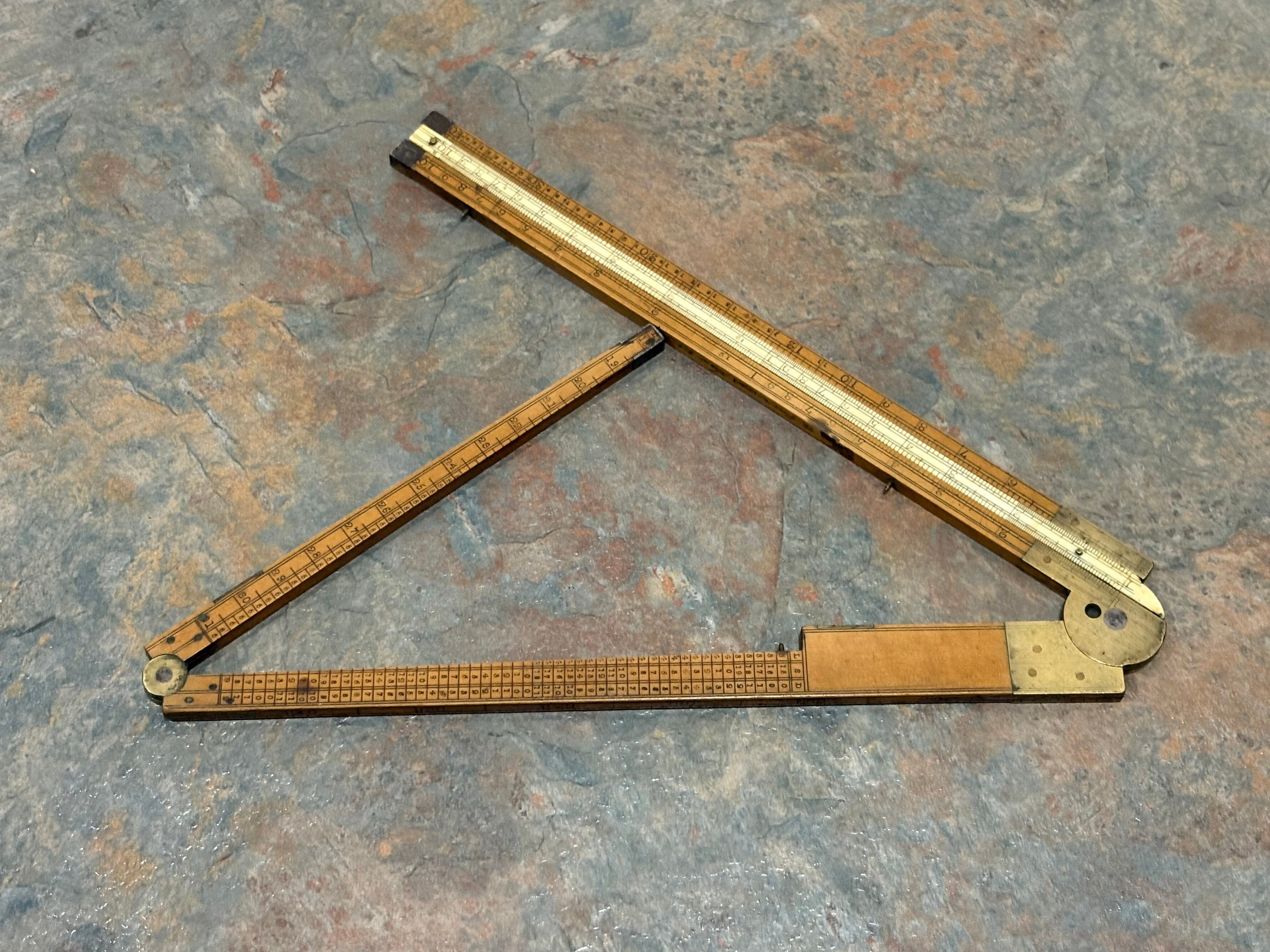 T COULSELL 2' 3 FOLD BOXWOOD TIMBER RULE, IVORY LOG SLIDE, 1815-1836 ...