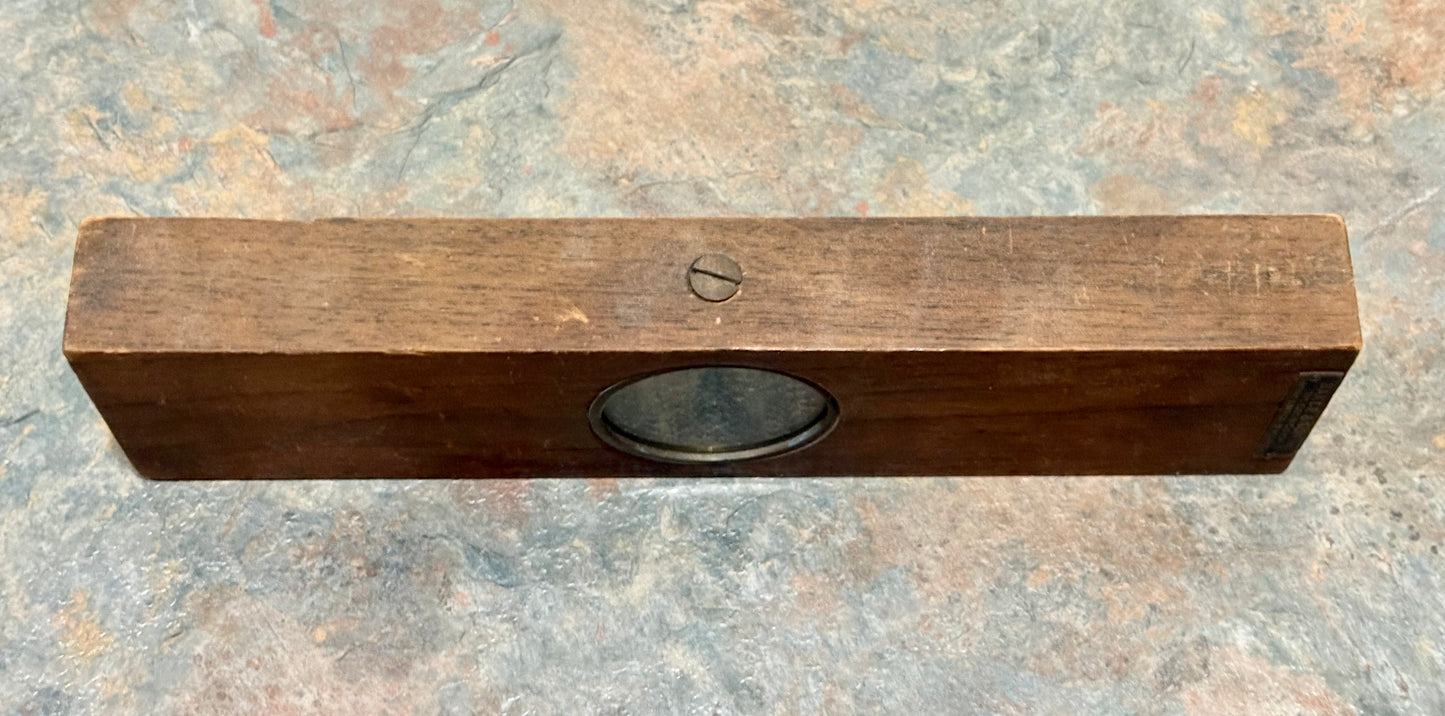 UNIQUE 12" INCLINOMETER LEVEL, POSSIBLY OAK WITH METAL TAG " BAKER & SON "
