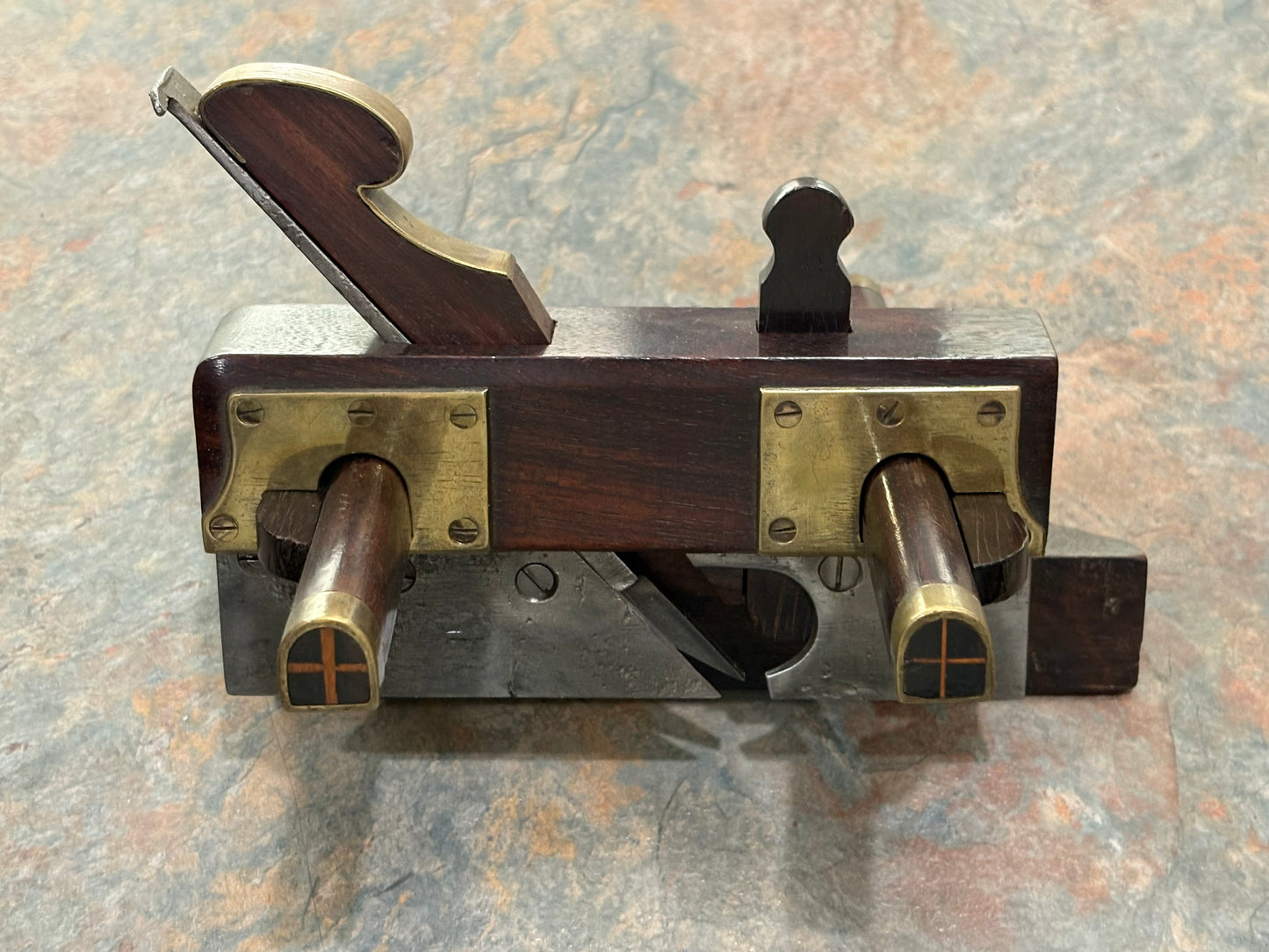ANTIQUE SOLID ROSEWOOD COACHMAKERS WEDGE ARM PLOW PLANE, BRASS INSERTS