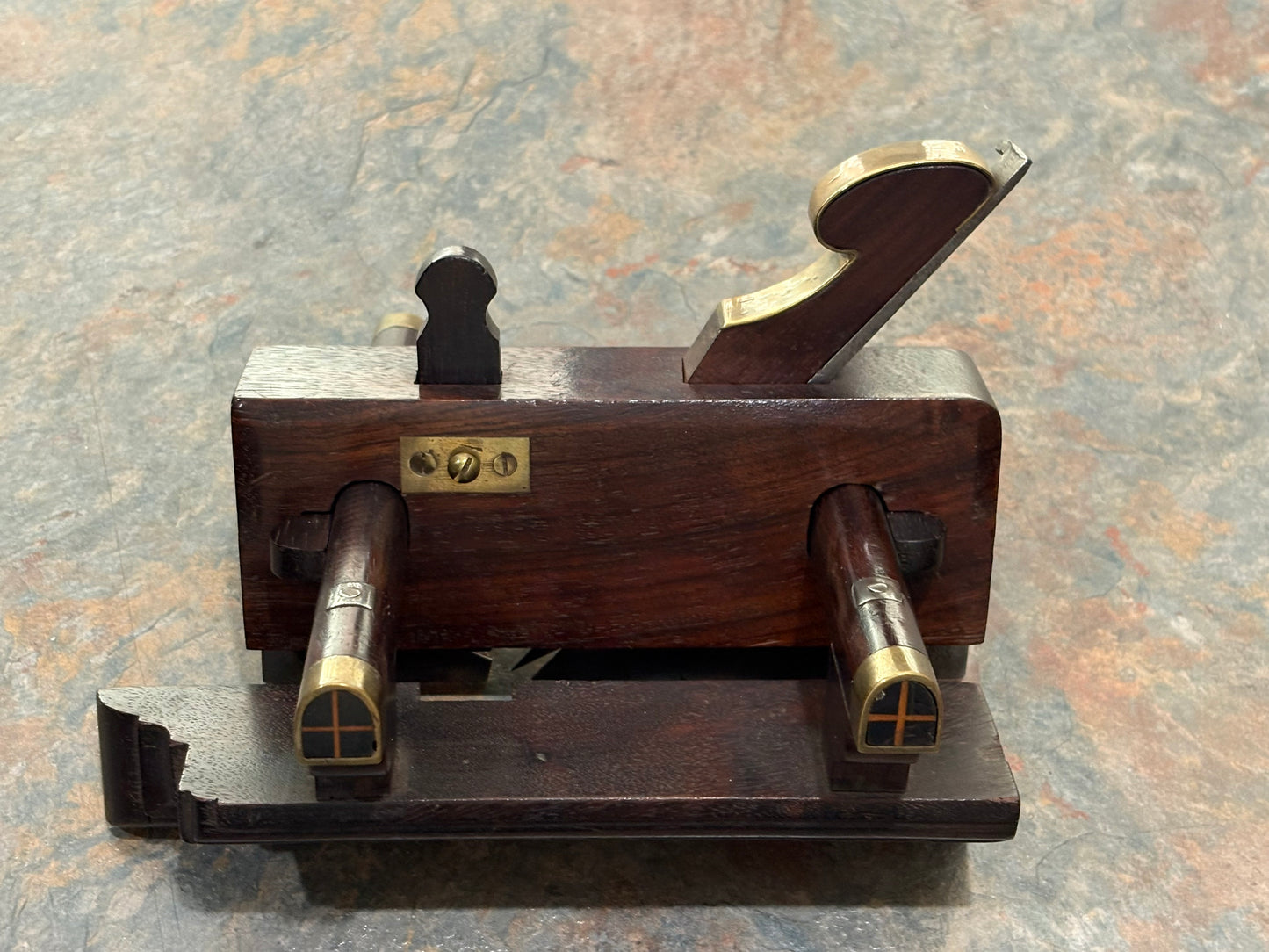 ANTIQUE SOLID ROSEWOOD COACHMAKERS WEDGE ARM PLOW PLANE, BRASS INSERTS