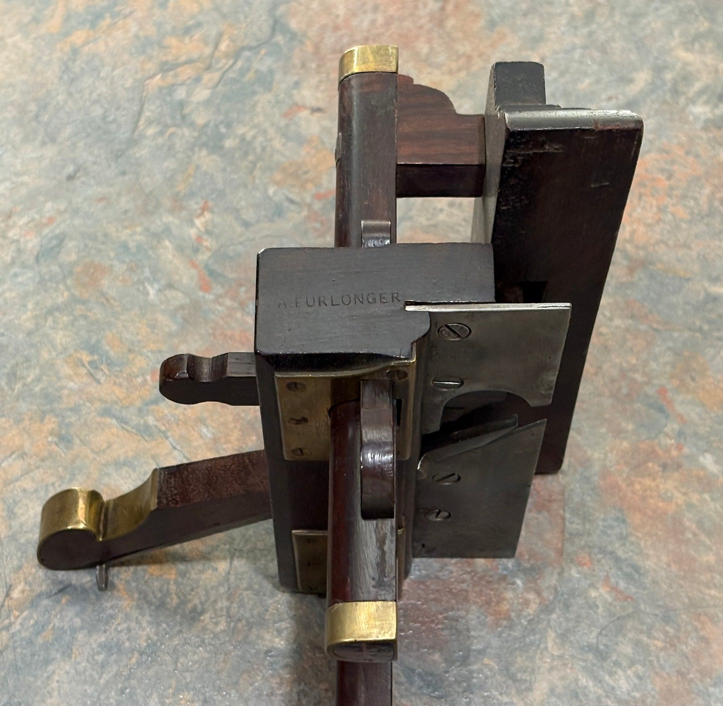 ANTIQUE SOLID ROSEWOOD COACHMAKERS WEDGE ARM PLOW PLANE, BRASS INSERTS