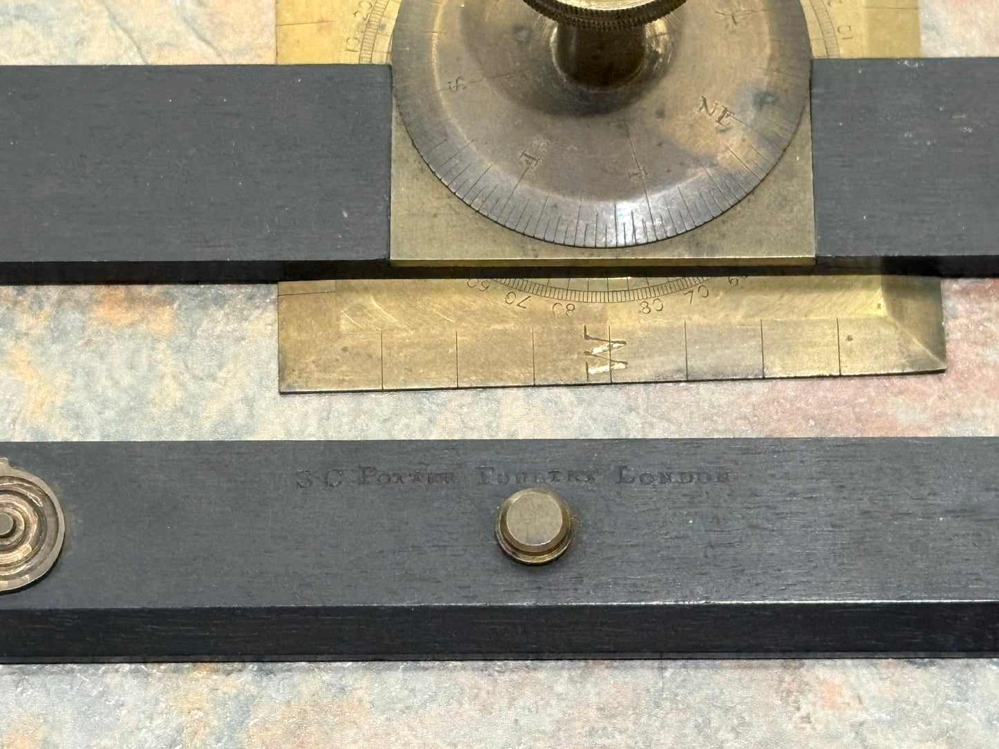 ANTIQUE EBONY & BRASS PARALLEL RULE, S.C. POTTER, POULTRY, LONDON, IVORY INSERT