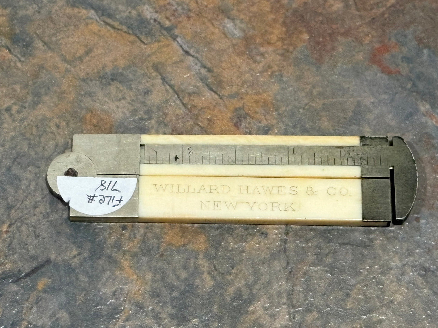 WILLARD HAWES & CO, NEW YORK,  IVORY 6" 2 FOLD RULE,MARKED CEDAR, ROSEWOOD, MAHOGANY