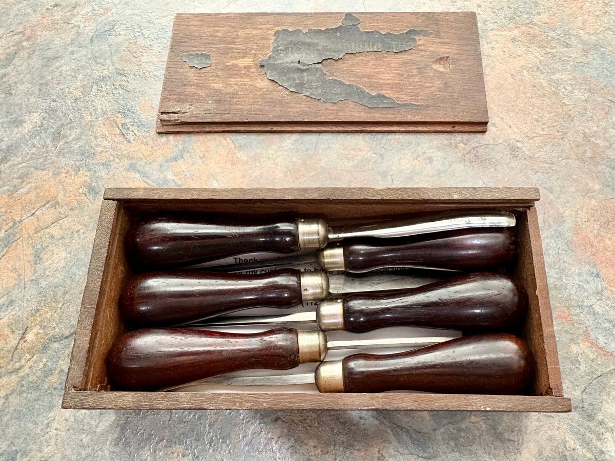 ANTIQUE MILLER FALLS BOXED SET OF 6 ROSEWOOD HANDLED CHISELS, PARTIAL LABEL