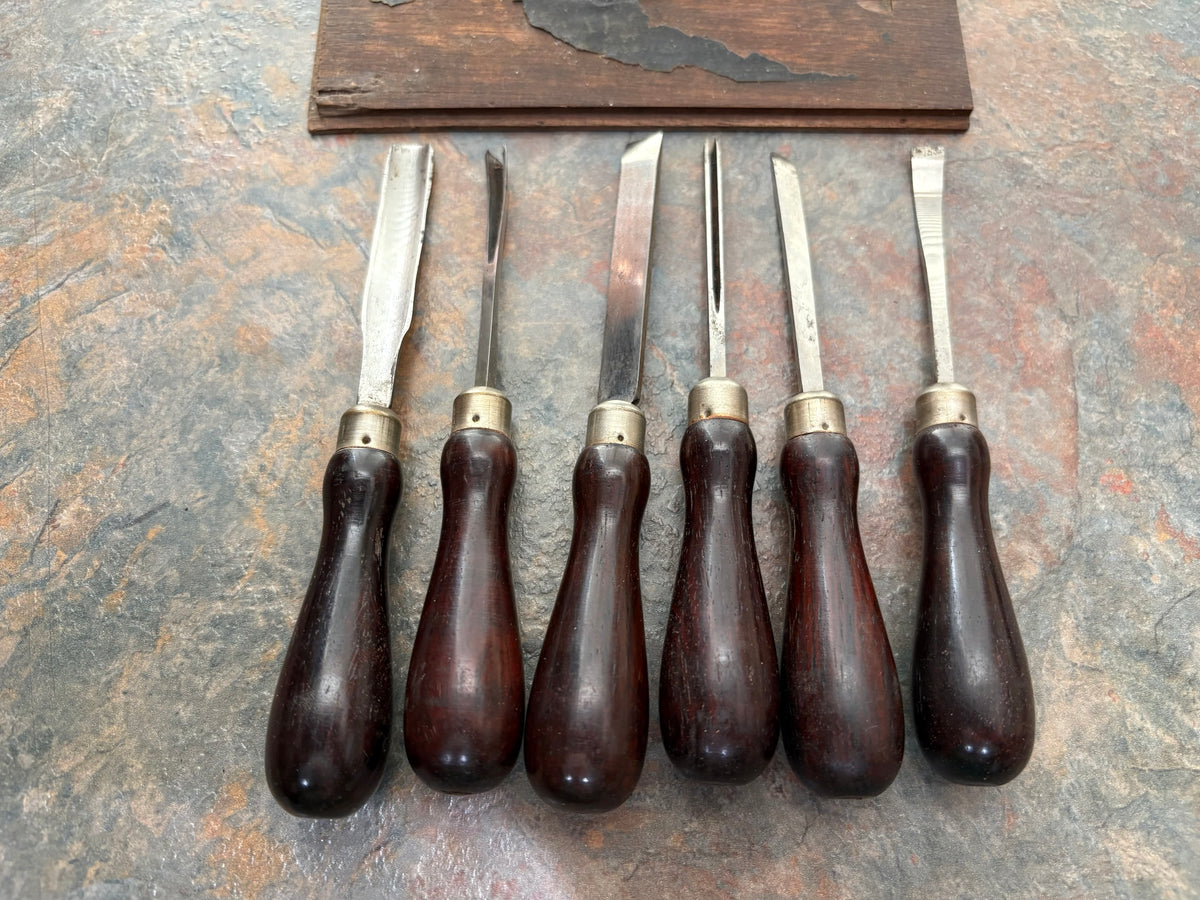 ANTIQUE MILLER FALLS BOXED SET OF 6 ROSEWOOD HANDLED CHISELS, PARTIAL LABEL