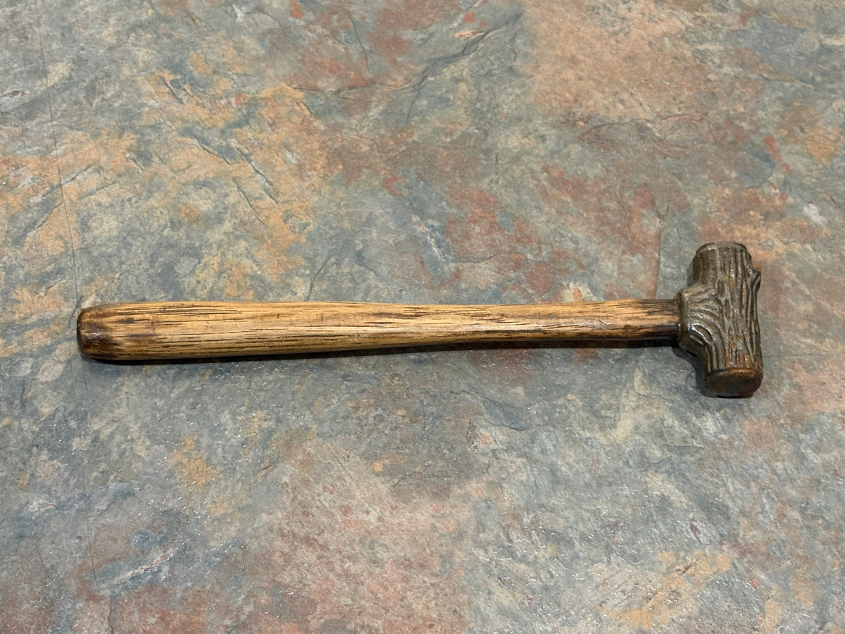ANTIQUE J.J. SPRENGER & L. SORENSEN NUT HAMMER, SHAPED LIKE A LOG,PAT. 2/27/1917