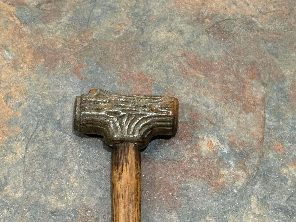 ANTIQUE J.J. SPRENGER & L. SORENSEN NUT HAMMER, SHAPED LIKE A LOG,PAT. 2/27/1917