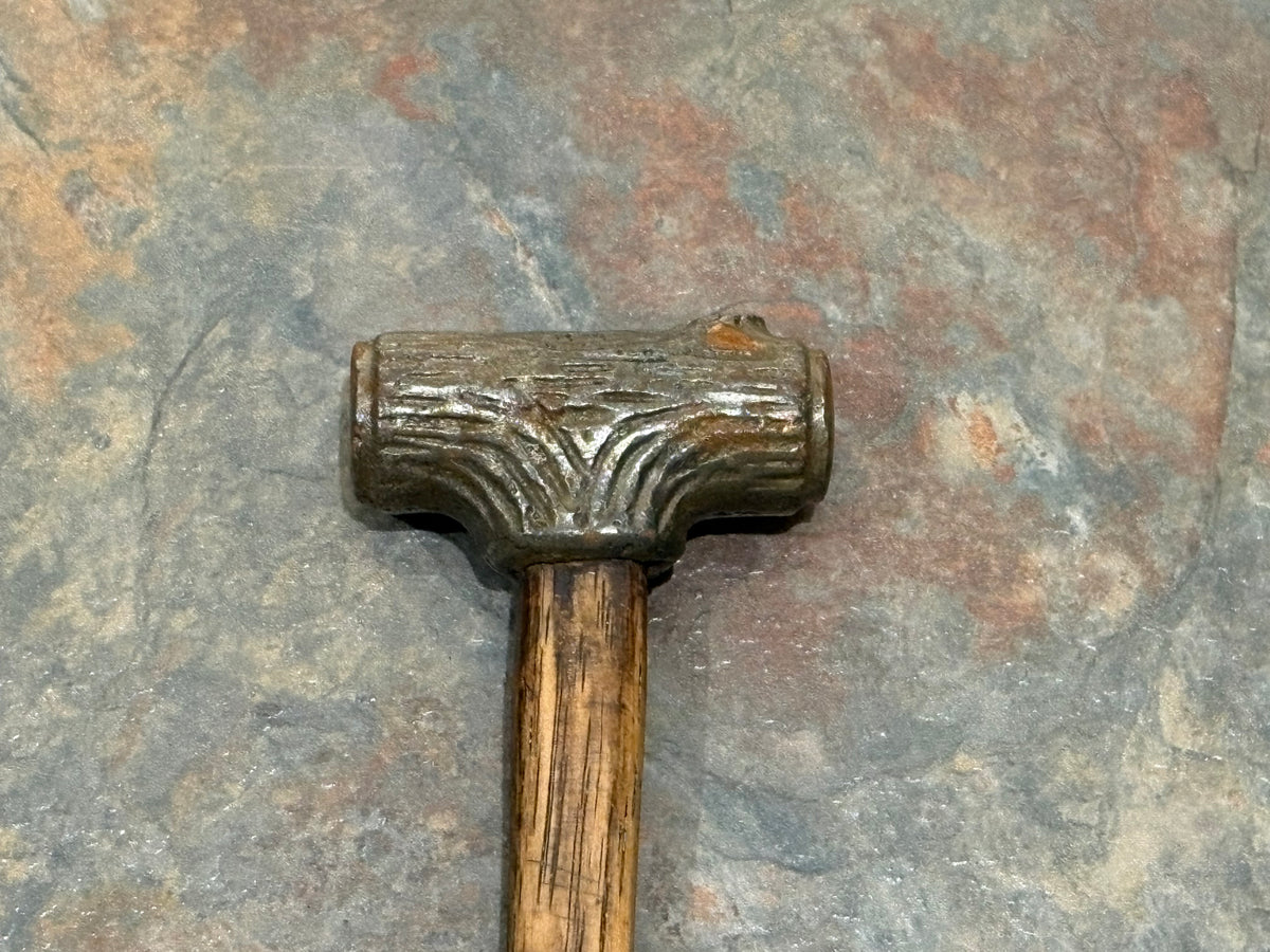 ANTIQUE J.J. SPRENGER & L. SORENSEN NUT HAMMER, SHAPED LIKE A LOG,PAT. 2/27/1917