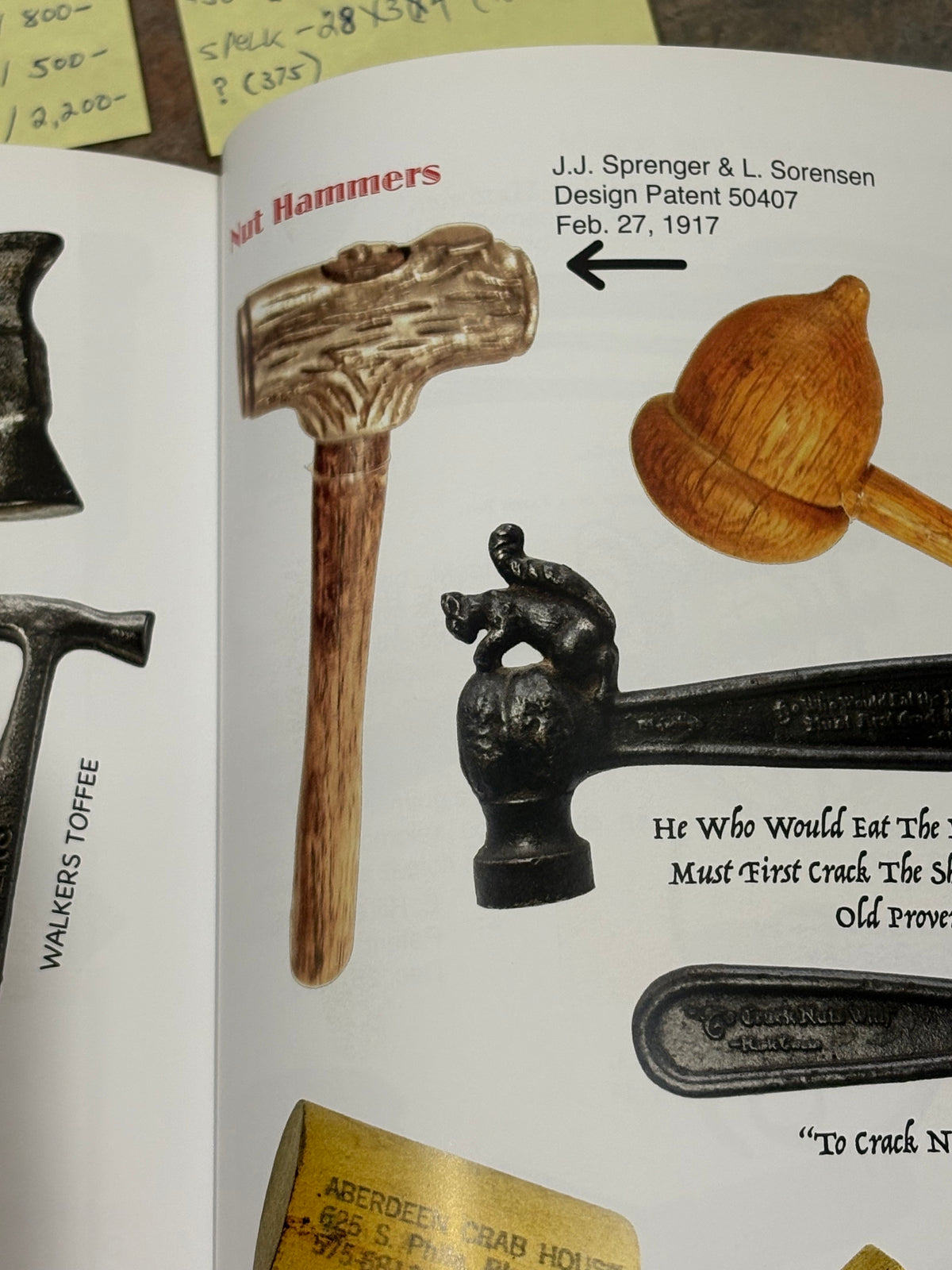 ANTIQUE J.J. SPRENGER & L. SORENSEN NUT HAMMER, SHAPED LIKE A LOG,PAT. 2/27/1917